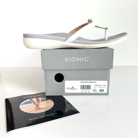 VIONIC RAYSA WHITE PATENT LEATHER SLIP-ON SUPPORTIVE TOE-POST THONG SANDAL Sz8.5 - Picture 3 of 11